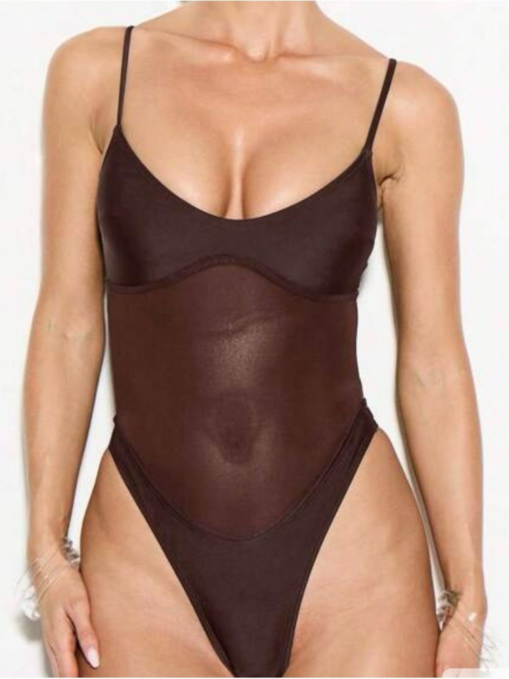 Brown Sheer High-Cut One-Piece Swimsuit